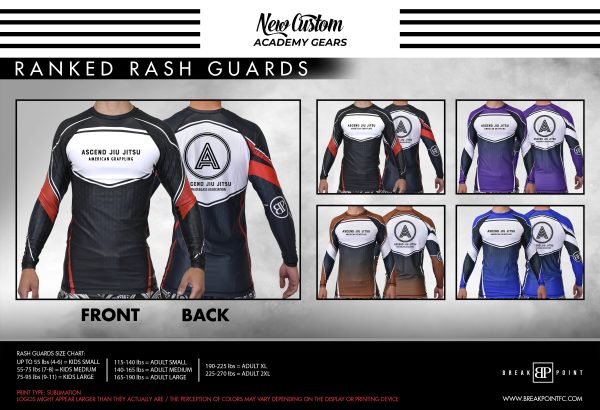 Ascend Jiu-Jitsu Academy Ranked Long Sleeve Rash Guards #1332 A For Sale