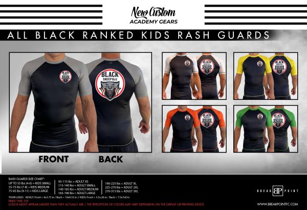 Black Sheep BJJ Academy All Black Ranked KIDS Short Sleeve Rash Guards #779 B Discount