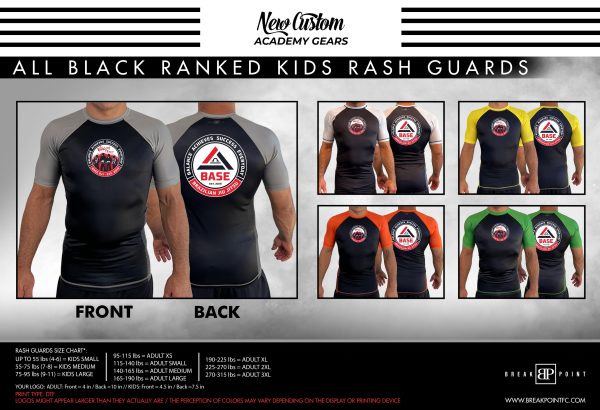 Base Brazilian Jiu Jitsu All Black Ranked KIDS Short Sleeve Rash Guards #929 B Supply