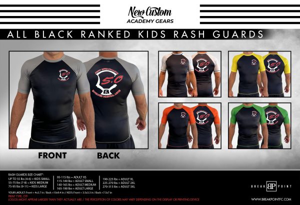 5.0 Evolved Martial Arts All Black Ranked KIDS Short Sleeve Rash Guards #1338 B (5.0 design) Online now